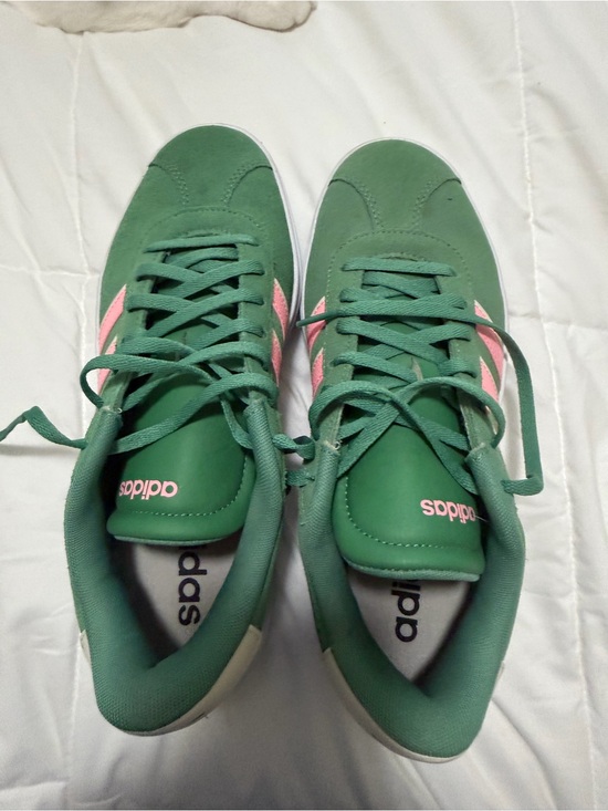 adidas Shoes - adidas Green Sneakers with Pink Stripes - Women's Lace-Up Casual